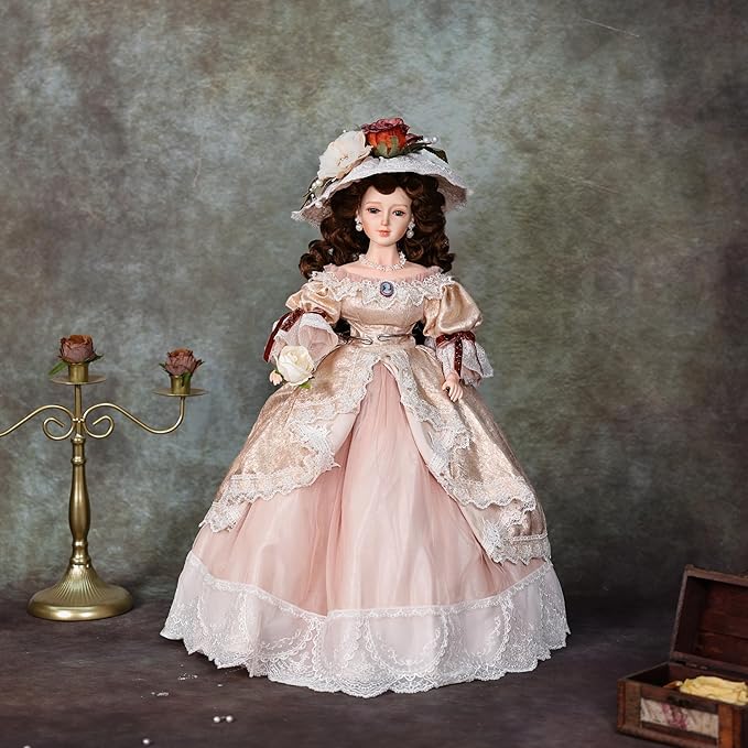 22 Inch 55cm Porcelain ＆ Fabric Victoria Doll, European Retro Handmade Ceramic Doll with Showing Stand for Room Decor, Birthday Gifts, Collectible，Name Lenore