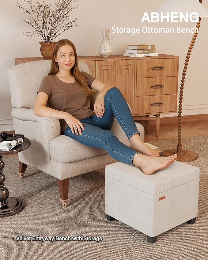 17.7 inches Velvet turfed Ottomans Cube with Legs, Metal-Framed Square Linen Storage Ottoman Foot Rest Stool Holds 770 LB for Dorm Living Room Bedroom White UASND64W