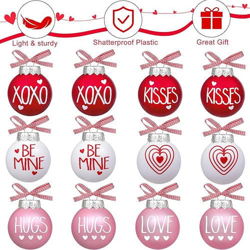 12 Pcs Valentines Day Ball Ornaments - 2.36 Inch Red Pink White Valentines Day Letter Hanging Decorations Buffalo Plaid Balls Ornaments for Tree Valentine's Day Party Supplies Decorations
