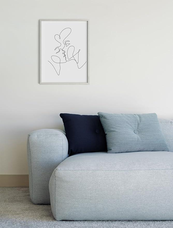 Minimalist Couple Art Wall Art Print Couple Kiss Abstract Line Drawing, Gallery Quality 12"x16" White Framed, Abstract Love Aesthetic Decor Bedroom Living Room