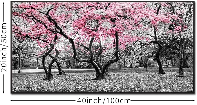 iKNOW FOTO 20x40 Cherry Blossom Trees in Black & White with Pink NYC Park Picture Stretched Canvas Art with Black Floater Frame Nature Landscape Wall Decor Ready to Hang