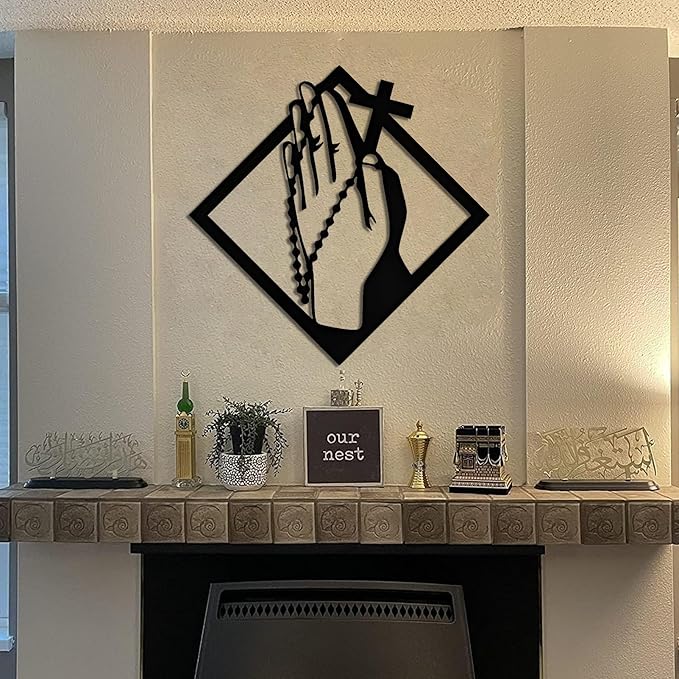 SZI Praying Hands Wall Art Metal, Metal Crosses Wall Decor, Prayer Hands Decor, Serenity Prayer Wall Art for Living Room, Bedroom (24"x24"/60x60 cm, White)