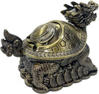Feng Shui Dragon Turtle Multi Functional Metal Statue Wealth Prosperity Sculpture with Set of 5 Lucky Charm Ancient Coins on Red String Best Housewarming Congratulatory Gift Home Decor (D2 Brass)