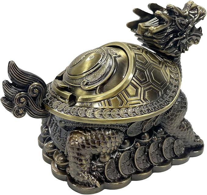 Feng Shui Dragon Turtle Multi Functional Metal Statue Wealth Prosperity Sculpture with Set of 5 Lucky Charm Ancient Coins on Red String Best Housewarming Congratulatory Gift Home Decor (D2 Brass)
