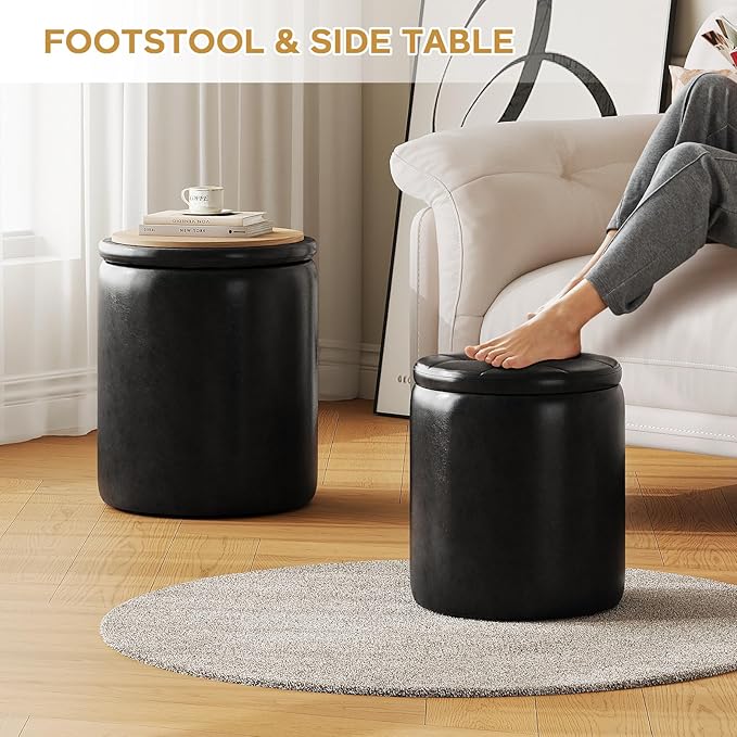 Round Ottoman with Storage Set of 2, 12.6" W x 14.17" H & 14.76" W x 17.32" H Faux Leather Storage Ottoman for Living Room Bedroom, Small Coffee Table Padded Ottoman, Black