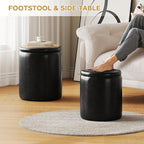 Round Ottoman with Storage Set of 2, 12.6" W x 14.17" H & 14.76" W x 17.32" H Faux Leather Storage Ottoman for Living Room Bedroom, Small Coffee Table Padded Ottoman, Black