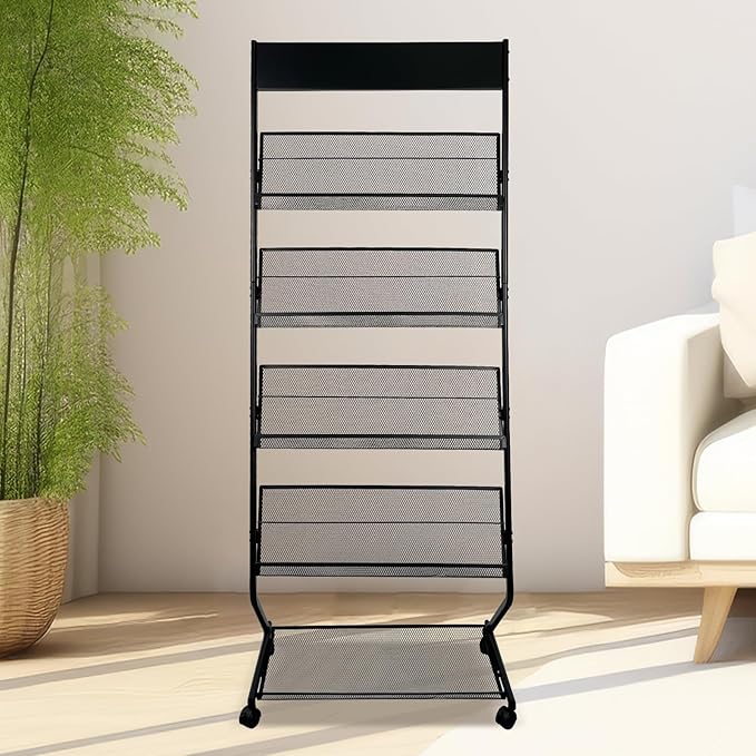 Tongmo Floor-Standing Magazine Rack 4-Layer with Wheels, Brochure Display Stand, High-hardness metal for Office,Exhibitions, and Any Organization Requiring Information Display (black)