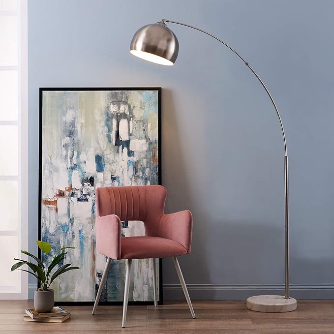 Teamson Home Arquer 68.1" Arc Floor Lamp for Living Rooms, Home Offices, Dining Rooms, Bedrooms with Faux White Marble Base and Nickel Bell Shade
