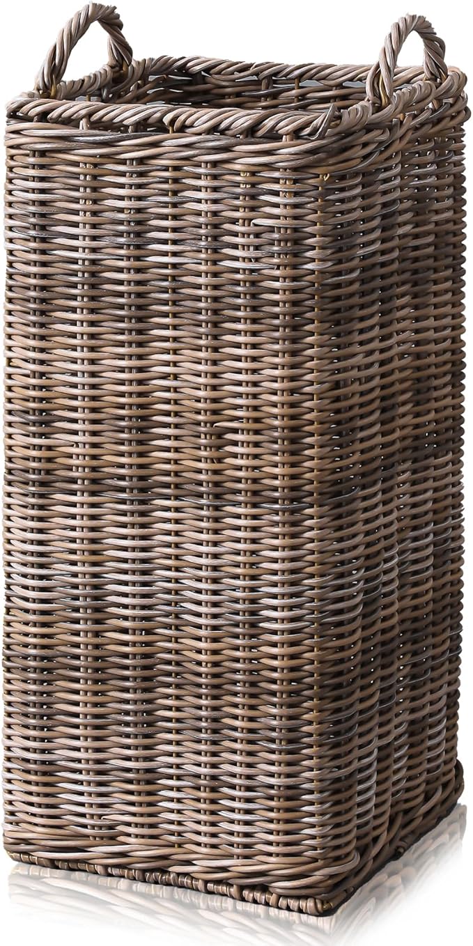Rattan Umbrella Holder for Entryway 20.5h x 9l x 9w Inch Square Umbrella Stand with Plastic Water Catch, Umbrellas Basket Bucket Fit Walking Cane Tall Umbrellas Storage for Home Office