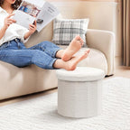 PINPLUS Round Storage Ottoman Cube Footrest - Versatile Boucle & Faux Teddy Fur Stool with Hidden Compartment for Living Room, Dorm, Bedroom White, 15"x15"x13.2"