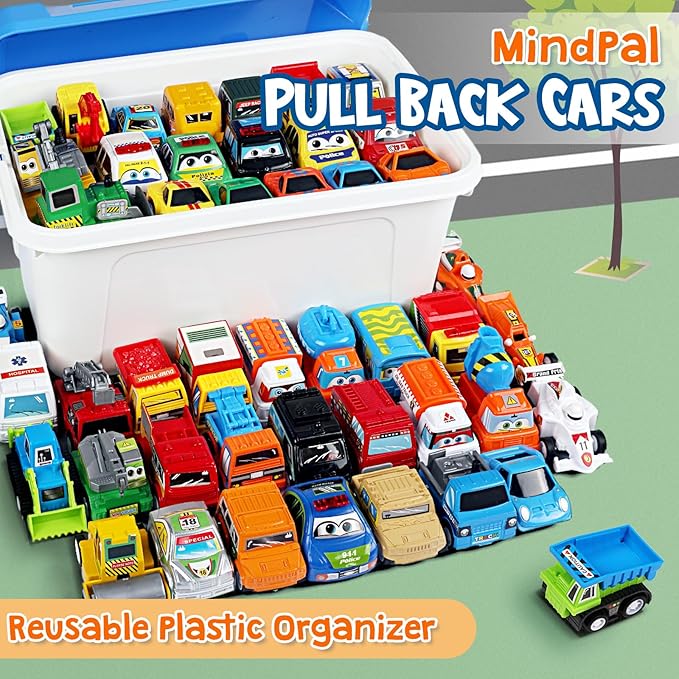 50 Pcs Toy Cars with Large Plastic Organizer, Pull Back Cars for Kids Ages 3-5, Birthday and Party Decorations, Birthday Presents for 3 + Year Old Girls and Boys