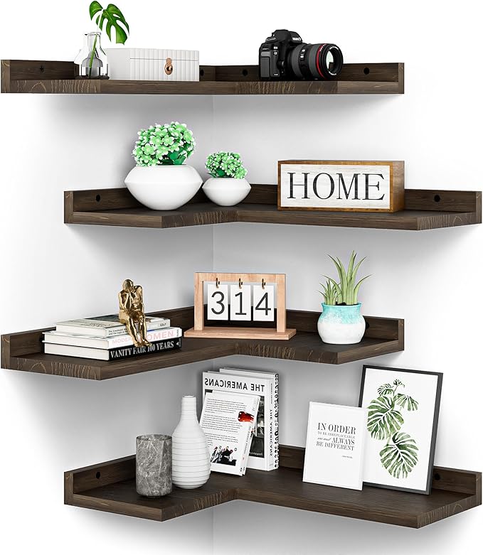 Floating Corner Shelves Set of 4, Rustic Pine Wooden Floating Corner Wall Shelf for Wall Décor Storage, L Shaped Corner Shelf Wall Mount For Bedroom, Living Room, Bathroom, Kitchen, Dark Brown.