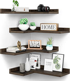 Floating Corner Shelves Set of 4, Rustic Pine Wooden Floating Corner Wall Shelf for Wall Décor Storage, L Shaped Corner Shelf Wall Mount For Bedroom, Living Room, Bathroom, Kitchen, Dark Brown.