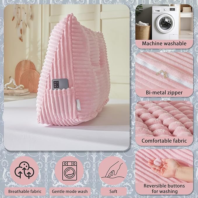 Headboard Wedge Pillow + A Long Neck Roll Pillow Body Pillow，Large Headboard Pillow with Removable Cover (Pink, King：76x8x20 inches)