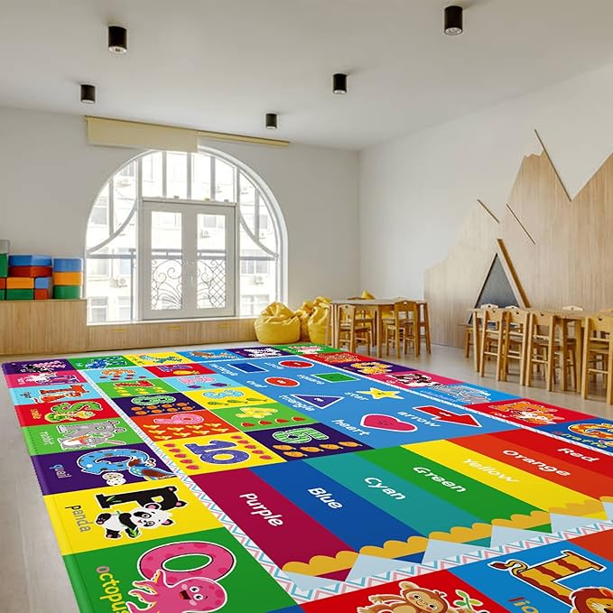 ABC Kids Rug, Kids Carpet for Playroom, Classroom Carpet with Anti-Slip Back, Educational Preschool Rugs with ABC, Numbers, Animals Colors, Shapes, Extra Large Thick (9'8" x 6'5", Style 6)