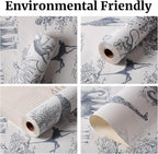 Peel and Stick Wallpaper - 17.5x118in Animals Pattern, Blue and White Vinyl, Modern Home Deco