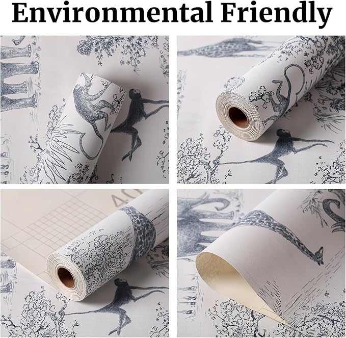 Peel and Stick Wallpaper - 17.5x118in Animals Pattern, Blue and White Vinyl, Modern Home Deco