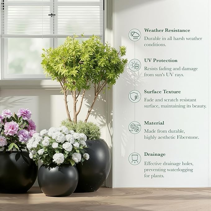 DTY Signature Mt Sherman 21.1'' D x 16.7'' H Fiberstone Round Planter with Drainage Hole, Smooth Finishes, Weather Resistant for Indoor and Outdoor Use, Included 2 Extra Coco Mats(Pot Opening 14.6'')