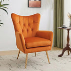 Modern Chic Mid-Century Velvet Accent Armchair for Living Room, Bedroom, or Home Office, Button-Tufted Wingback Design with Gold Flared Legs, Orange