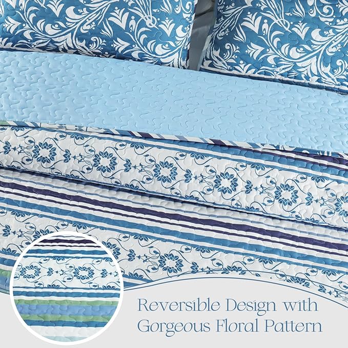 Exclusivo Mezcla Reversible Boho Quilts Queen Size, Blue Bedspreads Lightweight Coverlet All Season Bohemian Quilt Bedding Set with Printed Striped Floral Pattern (1 Quilt, 2 Pillow Shams)