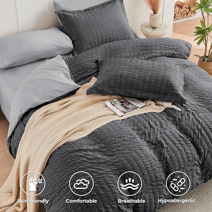HYMOKEGE Dark Grey/Light Grey King Size Comforter Set Seersucker 7 Pieces, All Season Luxury Bed in a Bag for Bedroom, Bedding Set with Comforter, Sheets, Pillowcases & Shams