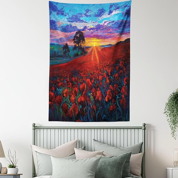 Ambesonne Country Tapestry Twin Size, Clouds at Sunset Paint Scenery of Poppy Flower Garden on Valley with Horizon, Wall Hanging Bedspread Bed Cover Wall Decor, 68" X 88", Burgundy Deep Sky Blue