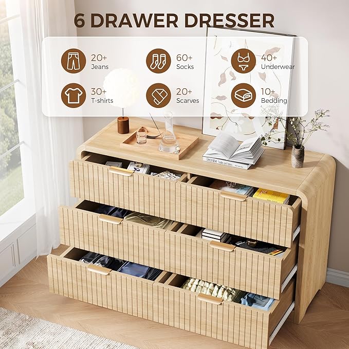 Modern 6 Drawer Dresser, 47" Wide Wood Dressers & Chests of Drawers Curved Profile Design, Mid Century Modern Fluted Dresser for Bedroom, Natural Oak