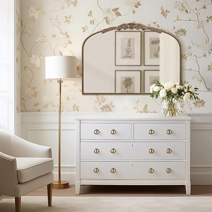 Besdomus Gold Large Arched Mirror: 40"x 30" French Baroque Vintage Mirror - Traditional Ornate Antique Mirrors for Wall/Mantel/Bedroom/Entryway/Bathroom/Hallway - Home Decor for Fashion-Conscious