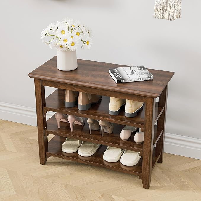 Shoe Rack Bench, 4-Tier Shoe Shelf Organizer, 25.6" Entryway Storage Bench for Hallway, Bedroom, Living Room, Bedroom, Hold up to 550 lbs, Solid Wood, Dark Brown