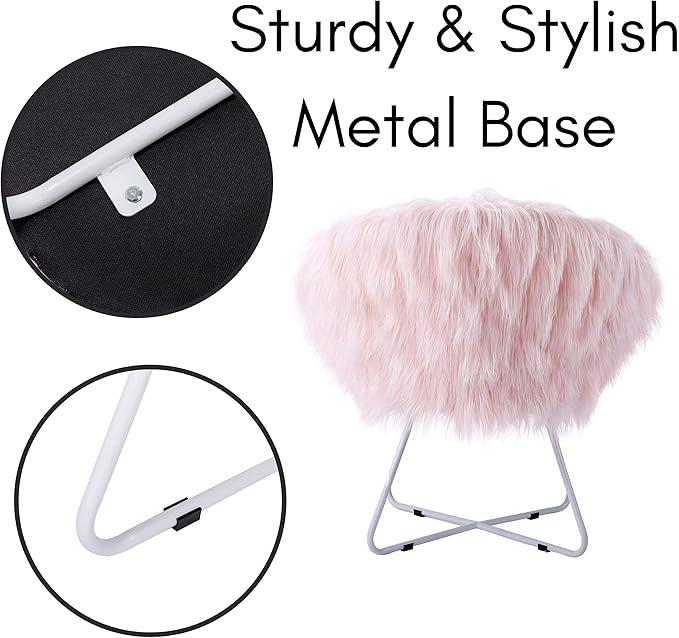 BIRDROCK HOME Faux Fur Papasan Chair with Black Legs - Luxuriously Soft & Lightweight - Wide Cushion Seat for Playroom, or Living Room - Moon Chair - Metal - Fluffy Round Seat - Circle - Pink