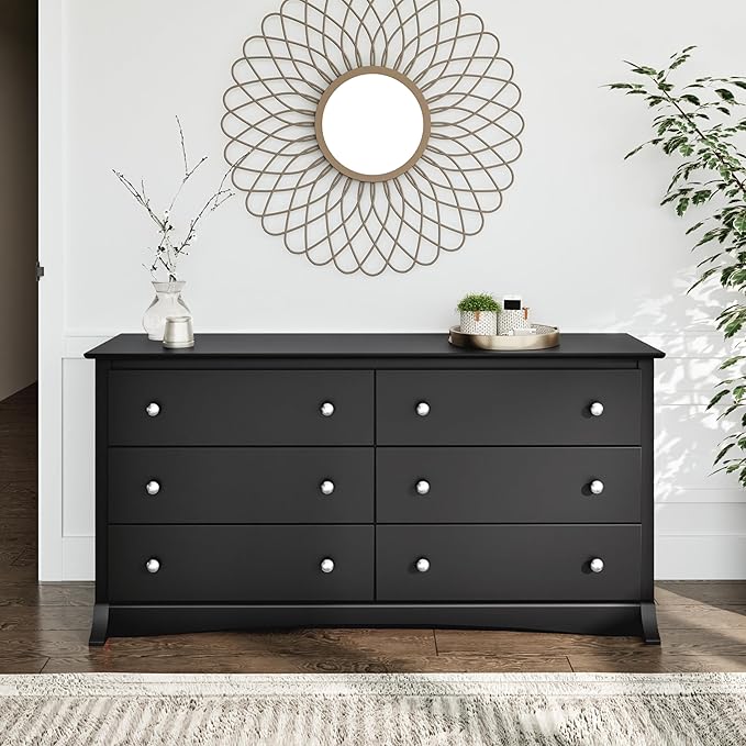 Prepac Sonoma 6-Drawer Double Dresser for Bedroom, Wide Chest of Drawers, Traditional Bedroom Furniture, 59"W x 17.5"D x 29"H, Black