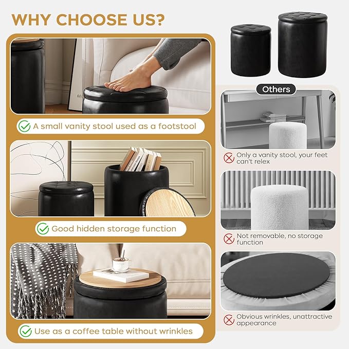 Round Ottoman with Storage Set of 2, 12.6" W x 14.17" H & 14.76" W x 17.32" H Faux Leather Storage Ottoman for Living Room Bedroom, Small Coffee Table Padded Ottoman, Black