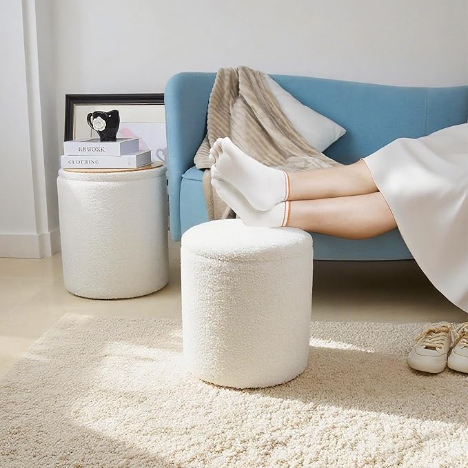 Round Storage Ottoman Set of 2 with Reversible Tray Lid—Multi-Functional Boucle Footrest, Vanity Stool, Sturdy Coffee Table for Living Room, Bedroom, Entryway (White)