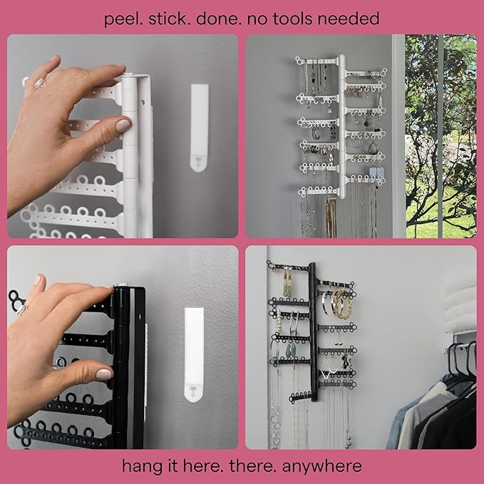 AllHungUp 12-Tier Wall Jewelry Organizer Wall Mounted Jewelry Organizer Necklace Holder Wall Mount Hanging Necklace Organizer Jewelry Hanger Wall Mounted Earring Holder Display Earring Organizer Black