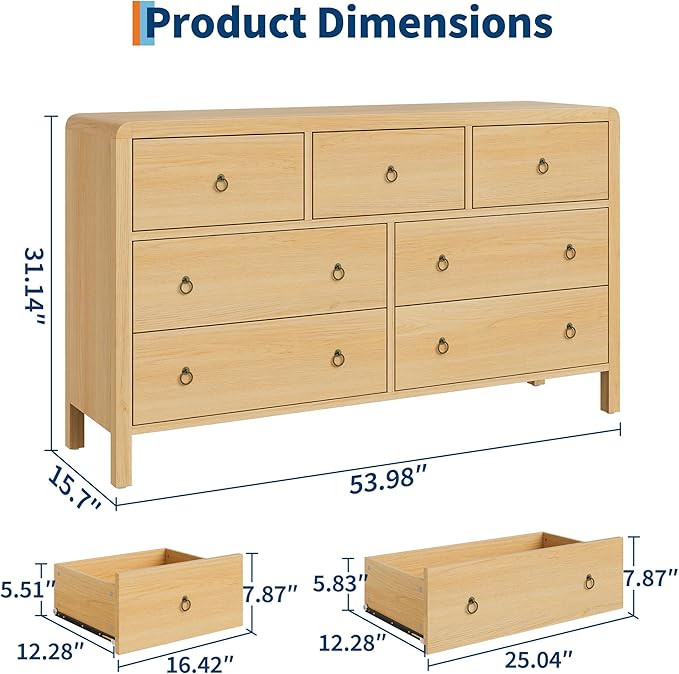 IDEALHOUSE 7 Drawer Dresser for Bedroom, Wooden Chest of Dressers for Deep Drawers, Modern Dressers Organizer with Round Handle, TV Stand for Living Room, Bedroom, Hallway