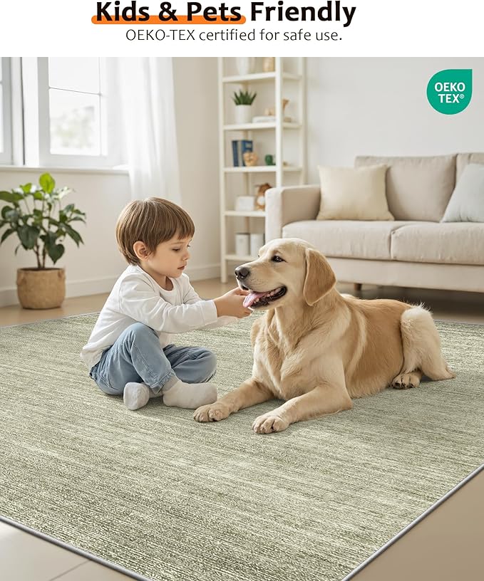 Art&Tuft Washable Rugs 5x7, Low Pile Area Rugs for Living Room - Non Slip and Stain Resistant Soft Thin 5x7 Rug for Bedroom, Dining Room, Kitchen, Office, Green