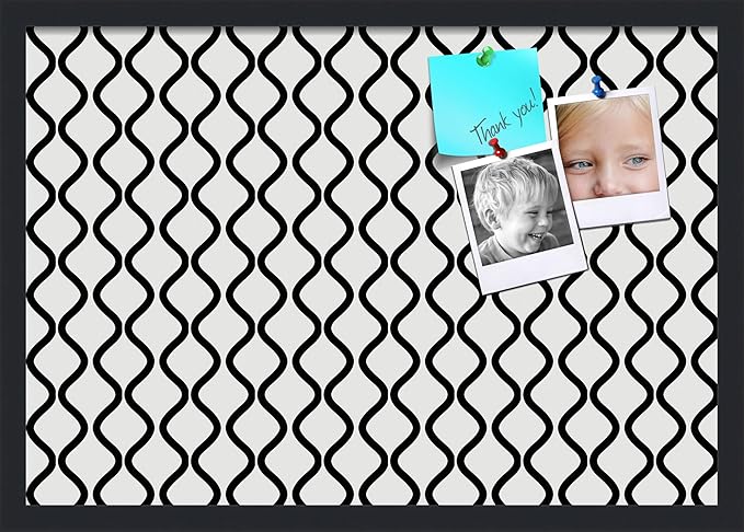 PinPix 26x18 Inch Cork Bulletin Board. This Decorative Framed Pin Board Comes with Black and White Waves Design and a Satin Black Frame. Ideal for Home Office Decor or Message Board (PinPix-194)