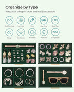 SONGMICS GISELLA Collection - Jewelry Box Organizer, 4-Layer Jewelry Storage with 3 Drawers, Shiny Metal Hardware, Glass Lid, Modern, 6 x 9.9 x 8.5 Inches, Forest Green and Gold Color UJBC161G01