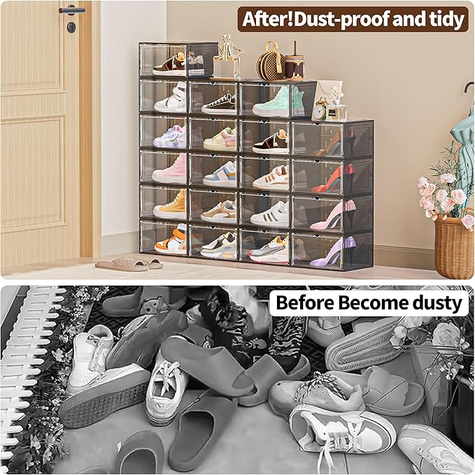 8 Pack XX Large Shoe Organizer, Heavy-Duty Hard Thicken Plastic Clear Stackable Shoe Storage Box Organizer for Closet, Space-Saving Shoe Rack Display Case Bin Containers for Sneakers, Grey