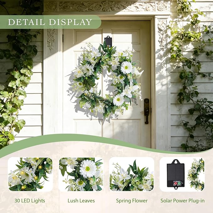 Solar Spring Wreath for Front Door 18inch 30LED Pre-lit Wreath Spring Summer Decor White Daisy Artificial Wreaths for Outside Home Decor for All Season Festival Farmhouse Decor