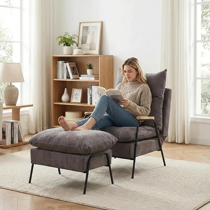 MCombo Accent Recliner Chair with Ottoman, Modern Fabric Armchair, Upholstered Sofa Bed for Living Room Bedroom, Small Space 4055 (Black Frame, Grey)