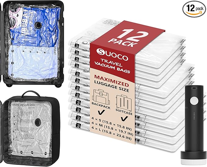 12 Pack Travel Vacuum Storage Bags for Clothing with Rechargeable Electric Pump, Compression Packing Cubes Organizer for Luggage Suitcase, Space Saver Seal Bags for Vacation Cruise