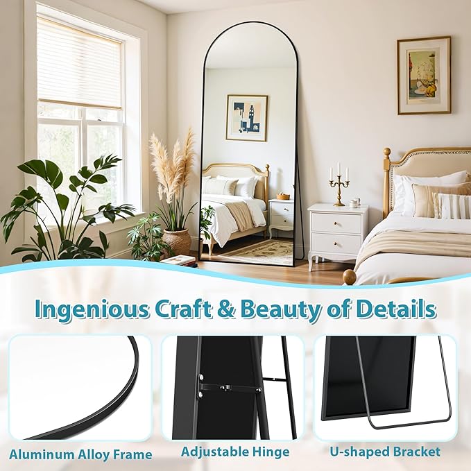 Full Length Mirror, 58"x21" Oversized Floor Mirror Freestanding, Full Body Mirror Floor Standing Mirrors with Stand, Hanging Mounted Mirrors for Bedroom Living Room, Black, Arched Style