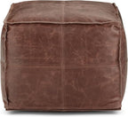 SIMPLIHOME Sheffield Square Pouf - 18 inch Wide Genuine Leather Ottoman in Brown, Boho-Style Footrest, Extra Seating, or Accent Piece for Living Room or Bedroom, Assembled