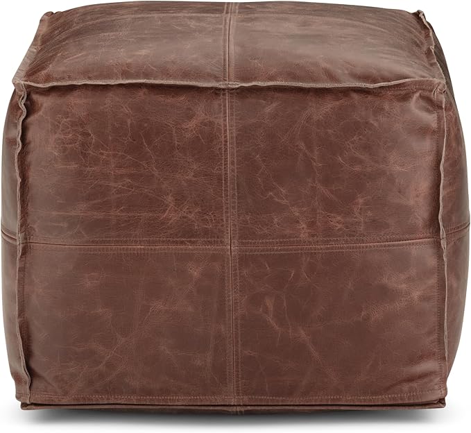 SIMPLIHOME Sheffield Square Pouf - 18 inch Wide Genuine Leather Ottoman in Brown, Boho-Style Footrest, Extra Seating, or Accent Piece for Living Room or Bedroom, Assembled