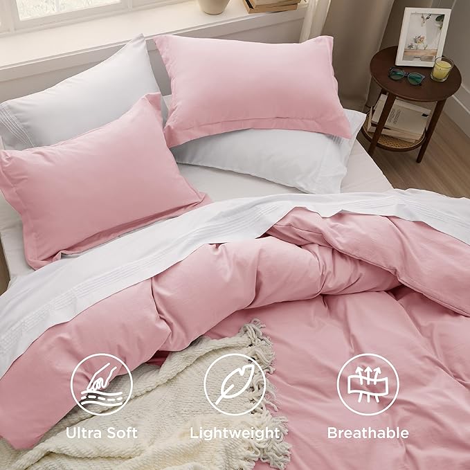 Bedsure Pink Duvet Cover Twin/Twin XL Size - 2 Pieces Prewashed Cotton-Like Extra Soft Bedding Set, Includes 1 Twin Duvet Cover 68x90 Inches with Zipper Closure & 1 Pillow Sham, No Comforter