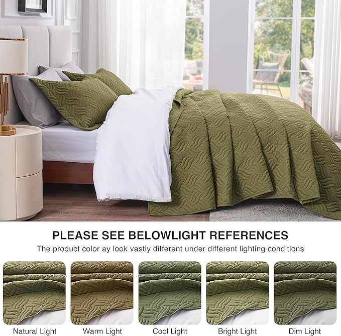 Love's cabin Quilts for Full Bed Olive Green Bedspreads Bedding Set - Lightweight Bedspread Comforter - Wave Pattern Bedding Coverlet for All Season - 3 Pieces (1 Quilt, 2 Pillow Shams)