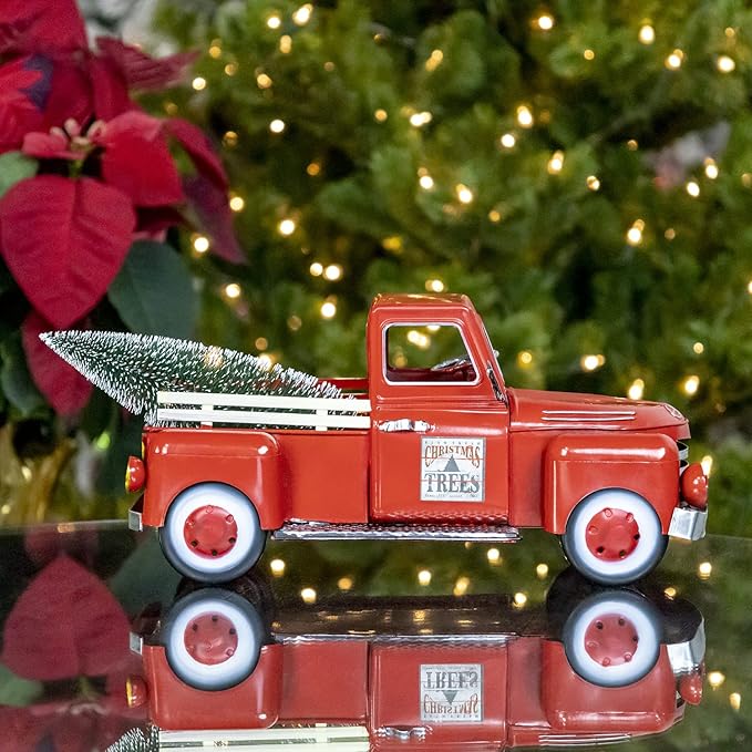 Zaer Ltd. Red Metal Christmas Pickup Truck Decoration (Small 12" Long)