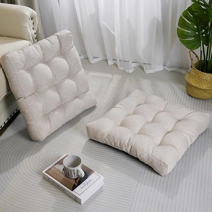 Tromlycs Floor Pillow Cushions for Adults Set of 2 Large Square Gel Memory Foam Pillows for Seating 20 x 20 x 4 Inch Beige