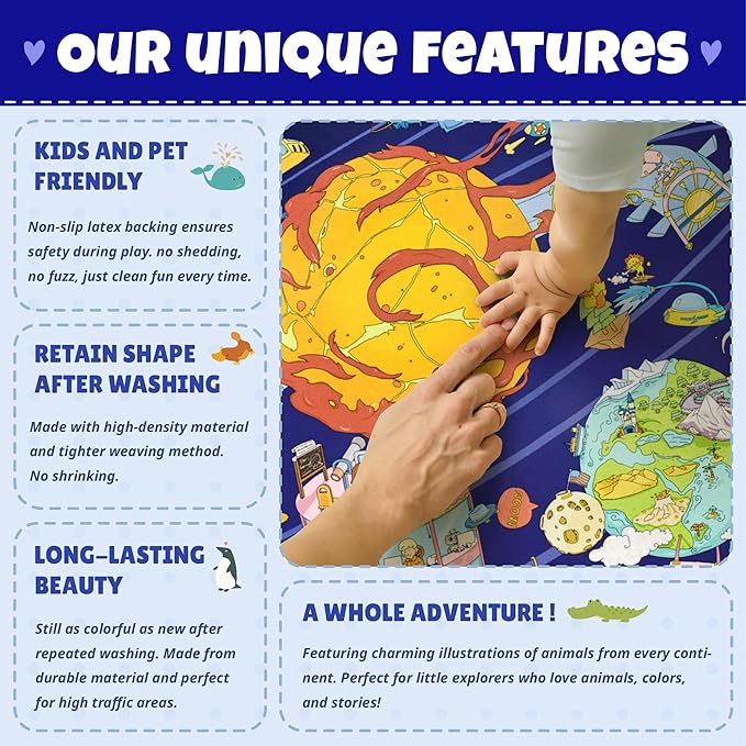 Galaxy 8x10 Educational Kids Rug for Classroom – Interactive Solar System Design with Planets, Spaceships, Astronauts & Fun Characters – Perfect for STEM Learning & Creative Play Spaces